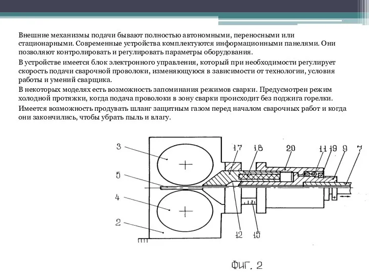 Внешние механизмы подачи бывают полностью автономными, переносными или стационарными. Современные устройства комплектуются