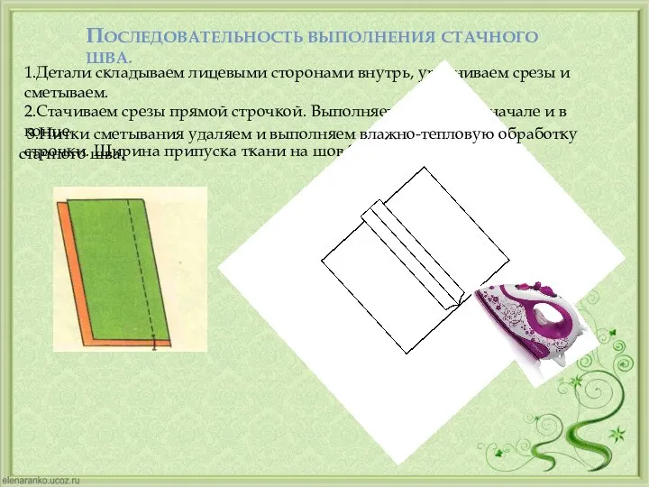 1.Детали складываем лицевыми сторонами внутрь, уравниваем срезы и сметываем. 2.Стачиваем срезы прямой