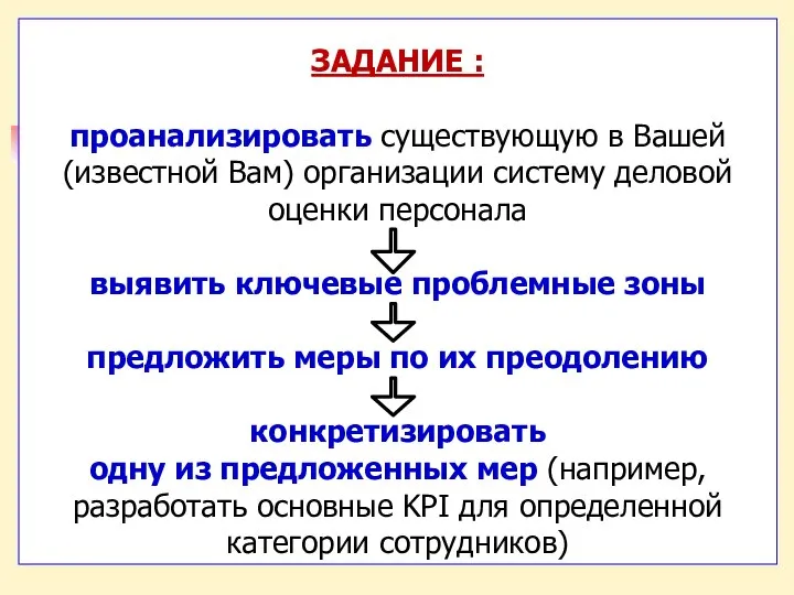 ЗАДАНИЕ : проанализировать существующую в Вашей (известной Вам) организации систему деловой оценки