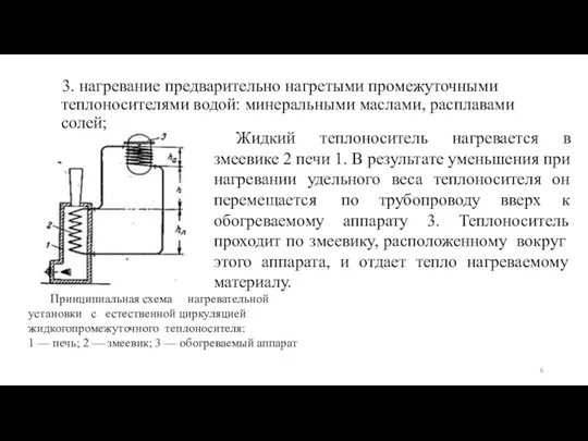 3. нагревание предварительно нагретыми промежуточными теплоносителями водой: минеральными маслами, расплавами солей; Принципиальная