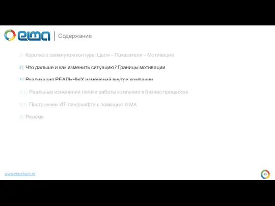 www.elma-bpm.ru Содержание 1| Коротко о замкнутом контуре: Цели – Показатели – Мотивация