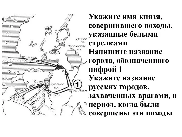 Укажите имя князя, совершившего походы, указанные белыми стрелками Напишите название города, обозначенного