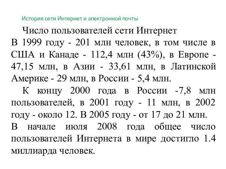 История сети Интернет и электронной почты Число пользователей сети Интернет В 1999