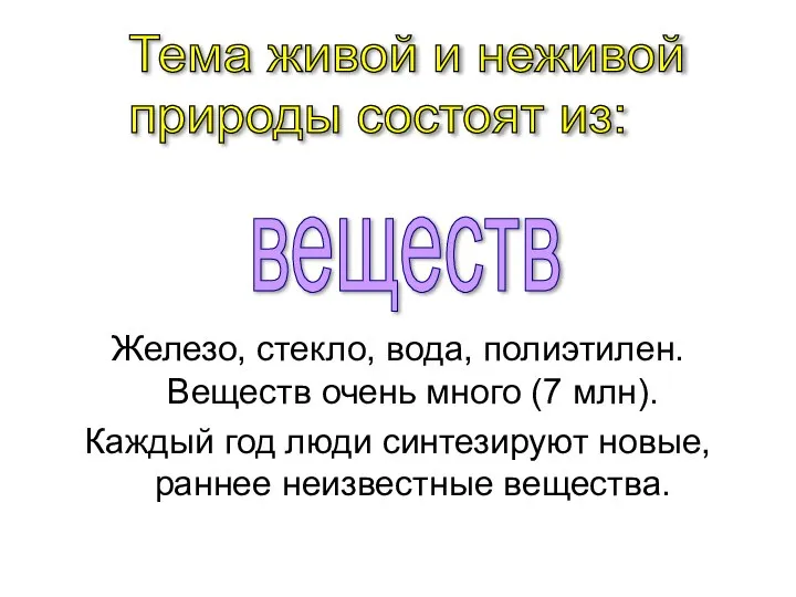 Железо, стекло, вода, полиэтилен. Веществ очень много (7 млн). Каждый год люди