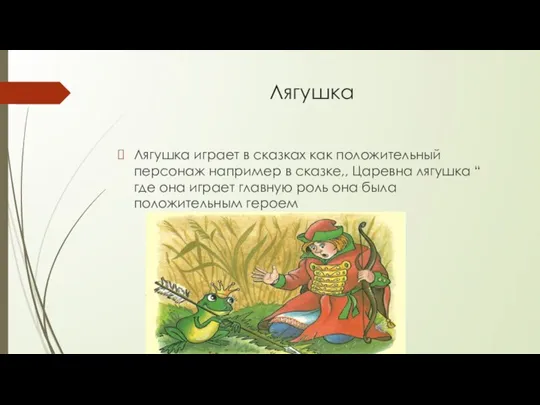 Лягушка Лягушка играет в сказках как положительный персонаж например в сказке,, Царевна