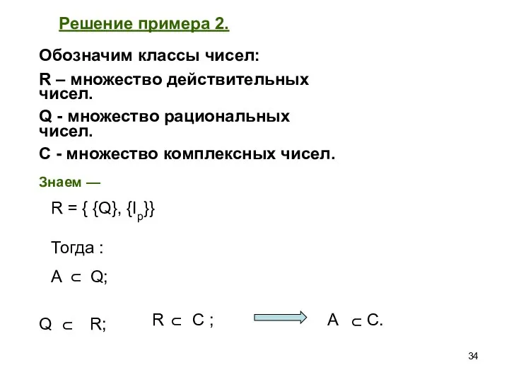 Решение примера 2. Обозначим классы чисел: R – множество действительных чисел. Q