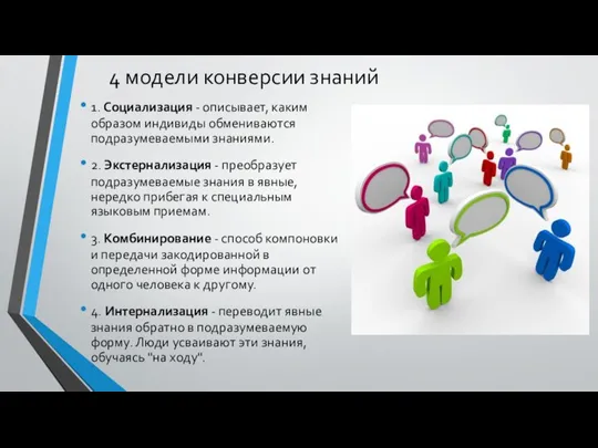 4 модели конверсии знаний 1. Социализация - описывает, каким образом индивиды обмениваются