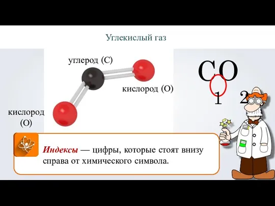 Углекислый газ углерод (С) кислород (О) кислород (О) Индексы — цифры, которые