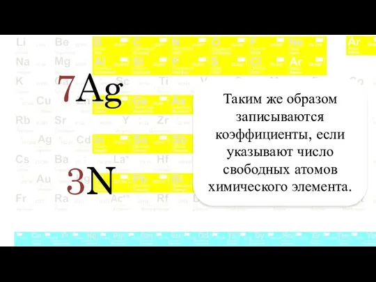 Таким же образом записываются коэффициенты, если указывают число свободных атомов химического элемента. 7Ag 3N