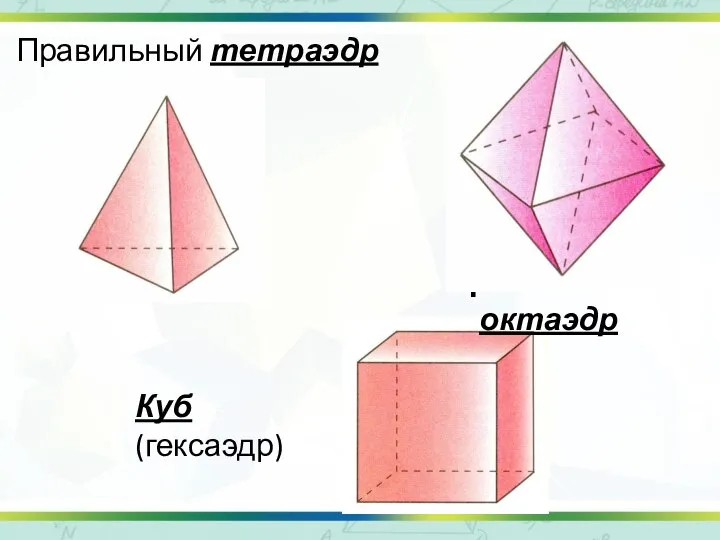 Правильный тетраэдр Куб (гексаэдр) Правильный октаэдр