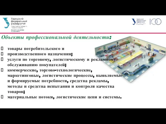 Объекты профессиональной деятельности: товары потребительского и производственного назначения; услуги по торговому, логистическому