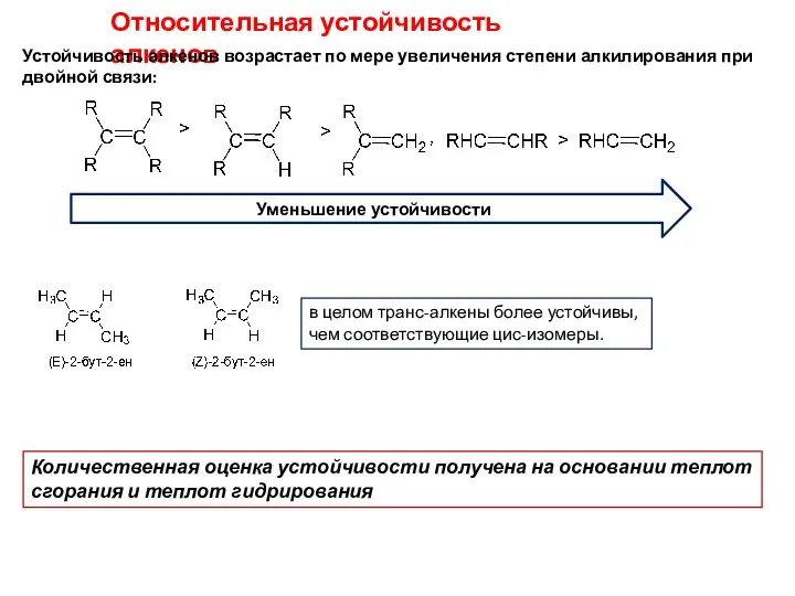 Относительная устойчивость алкенов Устойчивость алкенов возрастает по мере увеличения степени алкилирования при