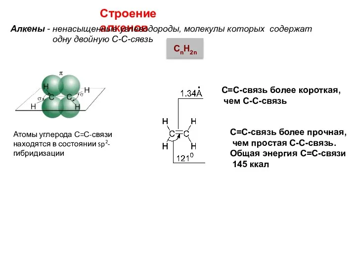 Атомы углерода С=С-связи находятся в состоянии sp2-гибридизации С=С-связь более короткая, чем С-С-связь