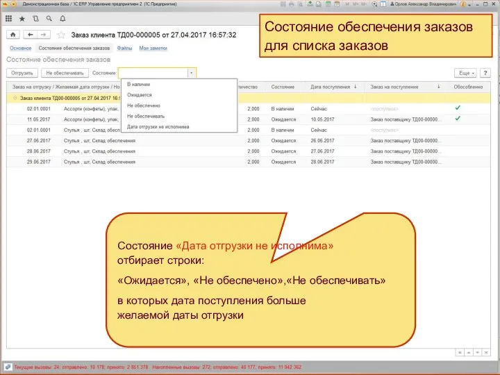 Состояние обеспечения заказов для списка заказов Состояние «Дата отгрузки не исполнима» отбирает