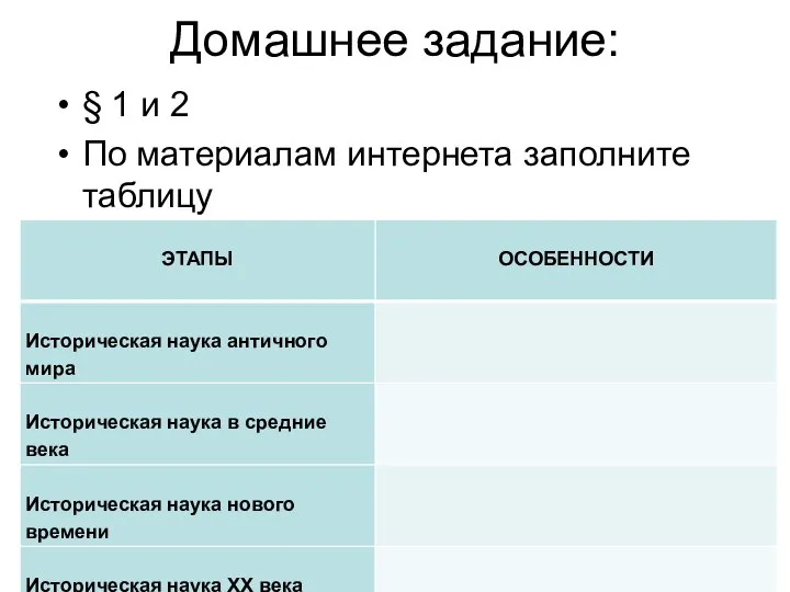 Домашнее задание: § 1 и 2 По материалам интернета заполните таблицу