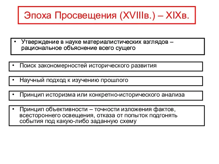 Эпоха Просвещения (XVIIIв.) – XIXв. Утверждение в науке материалистических взглядов – рациональное