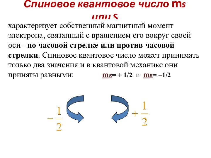 Спиновое квантовое число ms или S характеризует собственный магнитный момент электрона, связанный