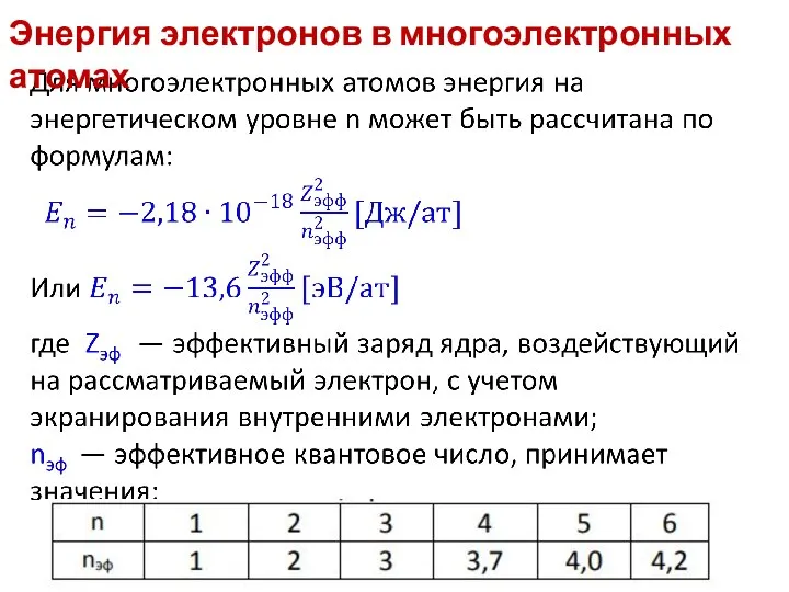 Энергия электронов в многоэлектронных атомах