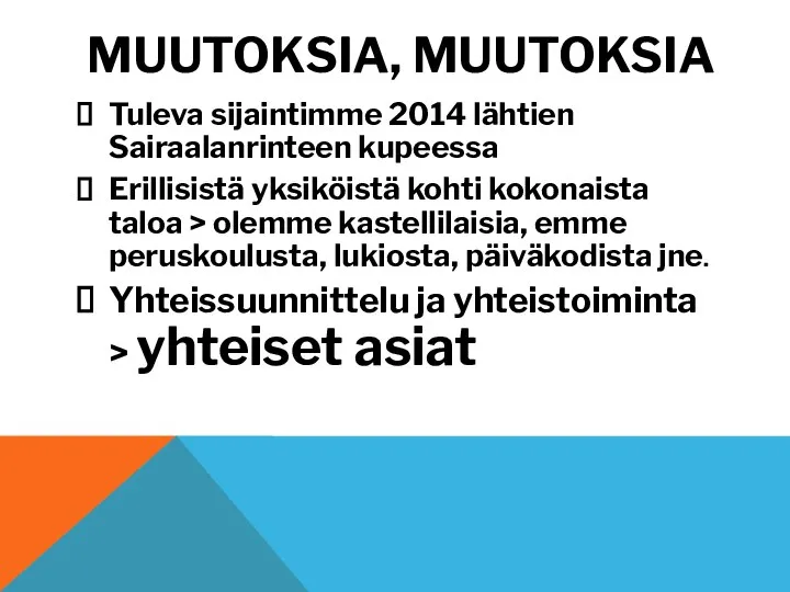 MUUTOKSIA, MUUTOKSIA Tuleva sijaintimme 2014 lähtien Sairaalanrinteen kupeessa Erillisistä yksiköistä kohti kokonaista