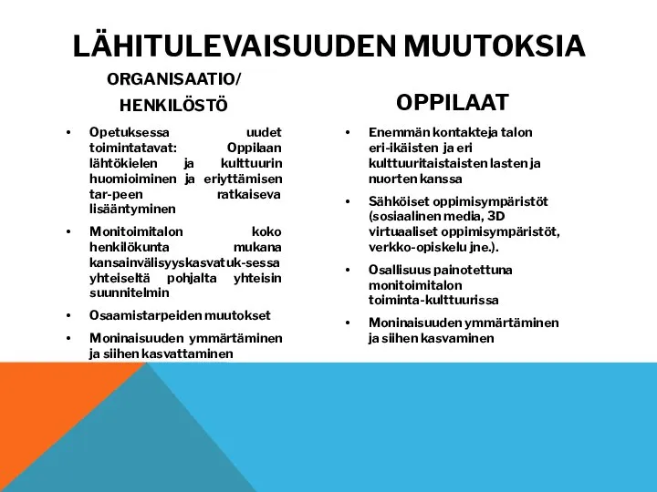 LÄHITULEVAISUUDEN MUUTOKSIA ORGANISAATIO/ HENKILÖSTÖ Opetuksessa uudet toimintatavat: Oppilaan lähtökielen ja kulttuurin huomioiminen