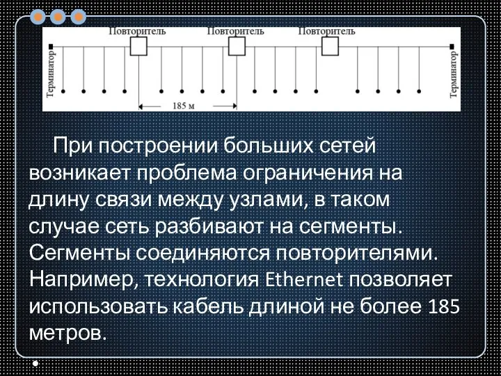 При построении больших сетей возникает проблема ограничения на длину связи между узлами,