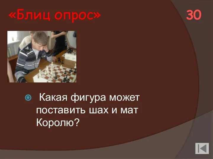 «Блиц опрос» Какая фигура может поставить шах и мат Королю? 30