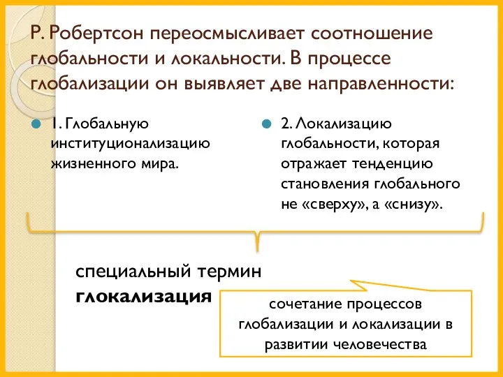 Р. Робертсон переосмысливает соотношение глобальности и локальности. В процессе глобализации он выявляет