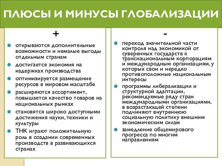 ПЛЮСЫ И МИНУСЫ ГЛОБАЛИЗАЦИИ + открываются дополнительные возможности и немалые выгоды отдельным