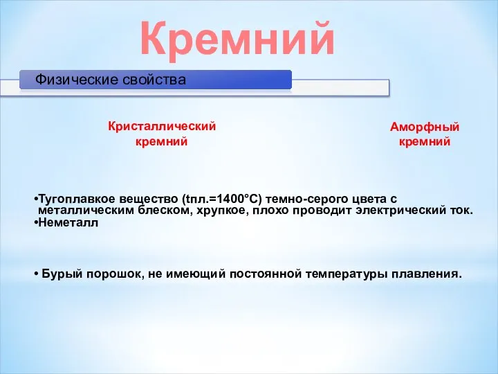 Тугоплавкое вещество (tпл.=1400°С) темно-серого цвета с металлическим блеском, хрупкое, плохо проводит электрический