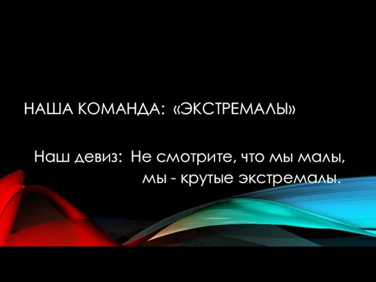 НАША КОМАНДА: «ЭКСТРЕМАЛЫ» Наш девиз: Не смотрите, что мы малы, мы - крутые экстремалы.