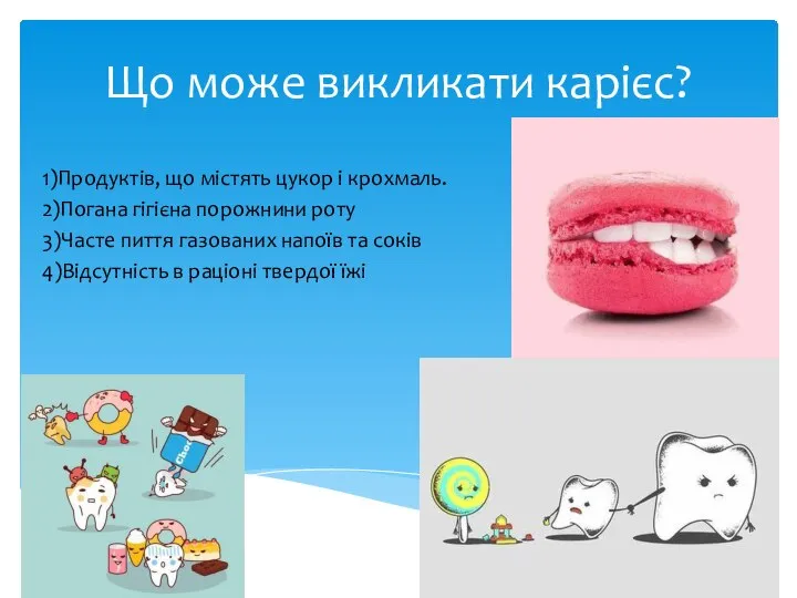 Що може викликати карієс? 1)Продуктів, що містять цукор і крохмаль. 2)Погана гігієна