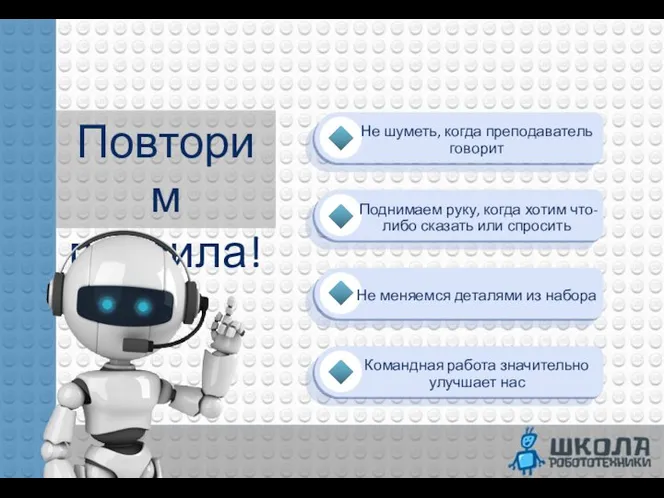 Не шуметь, когда преподаватель говорит Повторим правила! Поднимаем руку, когда хотим что-либо