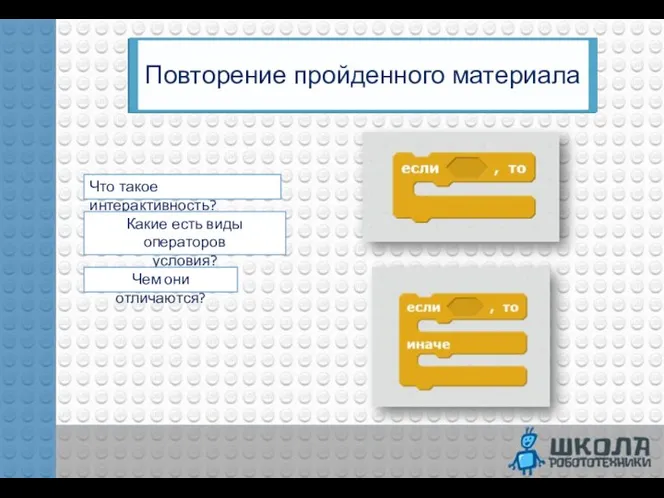 Повторение пройденного материала Что такое интерактивность? Какие есть виды операторов условия? Чем они отличаются?