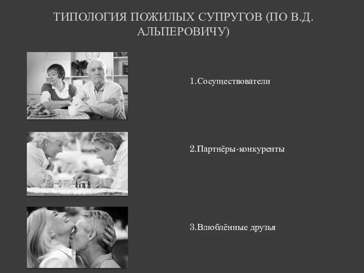 ТИПОЛОГИЯ ПОЖИЛЫХ СУПРУГОВ (ПО В.Д. АЛЬПЕРОВИЧУ) 1.Сосуществователи 2.Партнёры-конкуренты 3.Влюблённые друзья