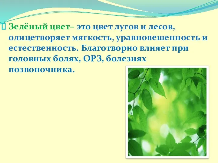 Зелёный цвет– это цвет лугов и лесов, олицетворяет мягкость, уравновешенность и естественность.