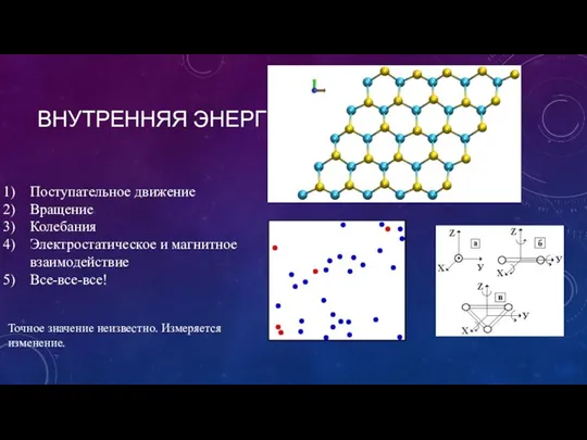 ВНУТРЕННЯЯ ЭНЕРГИЯ Поступательное движение Вращение Колебания Электростатическое и магнитное взаимодействие Все-все-все! Точное значение неизвестно. Измеряется изменение.