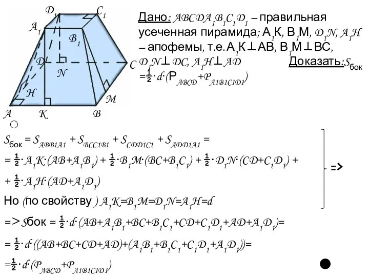 Дано: ABCDA1B1C1D1 – правильная усеченная пирамида; А1К, В1М, D1N, A1H – апофемы,