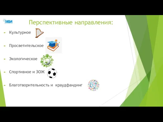 Перспективные направления: Культурное Просветительское Экологическое Спортивное и ЗОЖ Благотворительность и краудфандинг