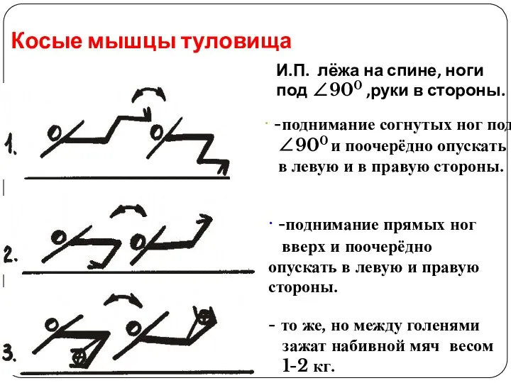 Косые мышцы туловища И.П. лёжа на спине, ноги под ∠900 ,руки в