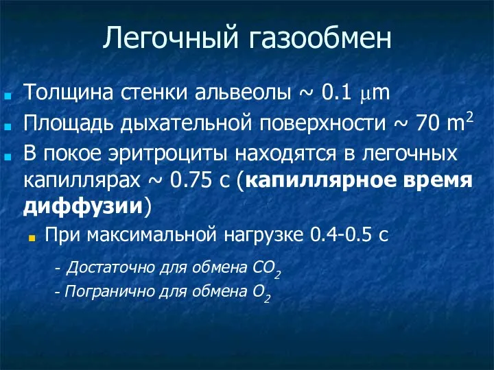 Легочный газообмен Толщина стенки альвеолы ~ 0.1 µm Площадь дыхательной поверхности ~