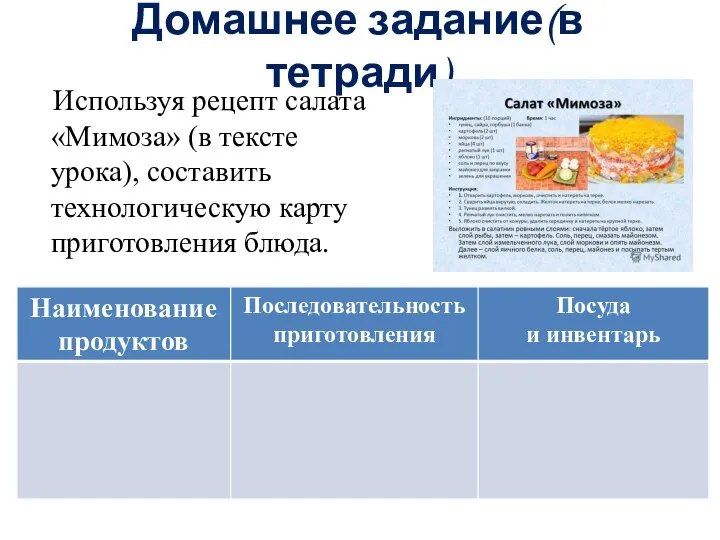 Домашнее задание(в тетради) Используя рецепт салата «Мимоза» (в тексте урока), составить технологическую карту приготовления блюда.