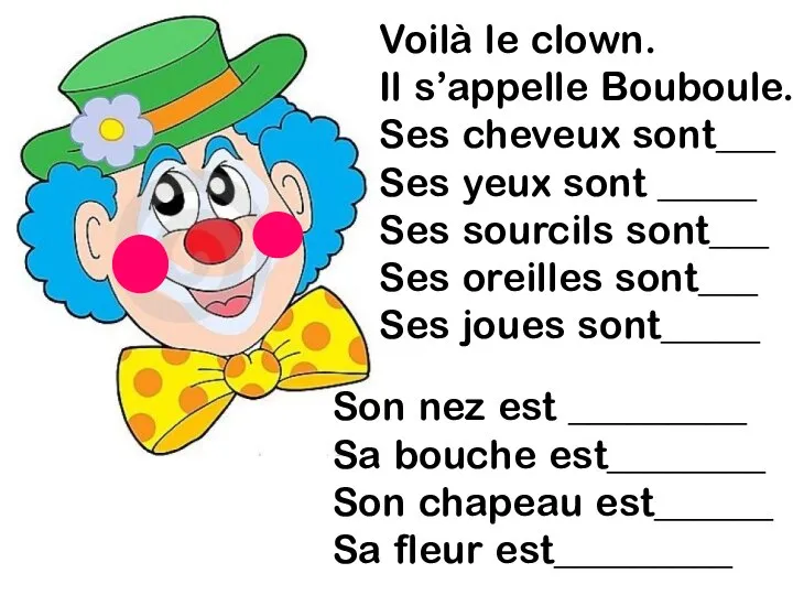 Voilà le clown. Il s’appelle Bouboule. Ses cheveux sont___ Ses yeux sont