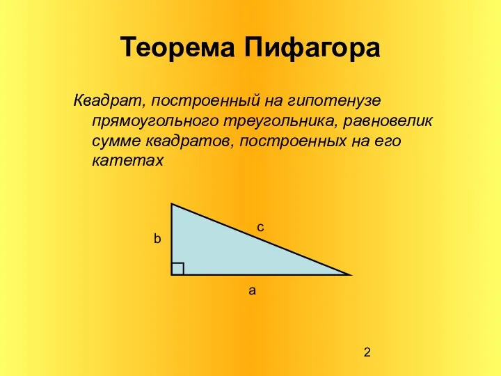 Теорема Пифагора Квадрат, построенный на гипотенузе прямоугольного треугольника, равновелик сумме квадратов, построенных