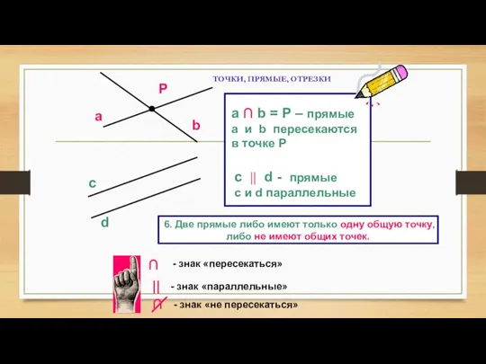 ТОЧКИ, ПРЯМЫЕ, ОТРЕЗКИ c b a d P a ∩ b =