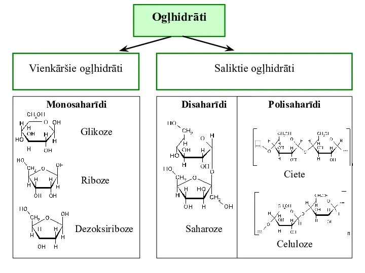 Ogļhidrāti Vienkāršie ogļhidrāti Saliktie ogļhidrāti Monosaharīdi Glikoze Riboze Dezoksiriboze Disaharīdi Saharoze Polisaharīdi Ciete Celuloze