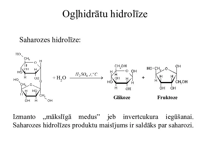 Ogļhidrātu hidrolīze Saharozes hidrolīze: Izmanto „mākslīgā medus” jeb invertcukura iegūšanai. Saharozes hidrolīzes