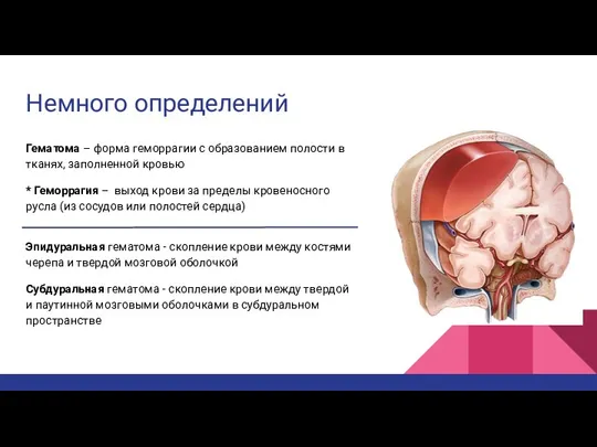 Немного определений Гематома – форма геморрагии с образованием полости в тканях, заполненной