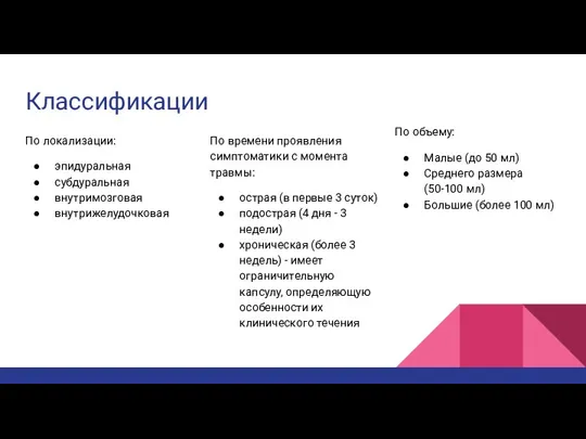 По локализации: эпидуральная субдуральная внутримозговая внутрижелудочковая По времени проявления симптоматики с момента