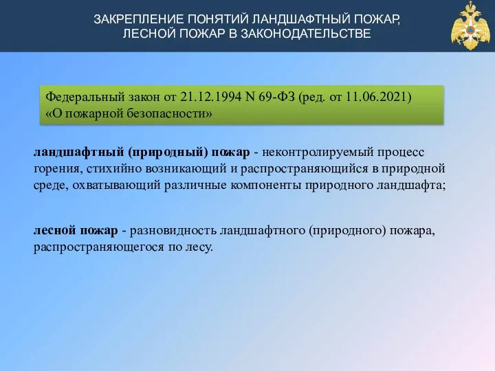 Слайд 3 ЗАКРЕПЛЕНИЕ ПОНЯТИЙ ЛАНДШАФТНЫЙ ПОЖАР, ЛЕСНОЙ ПОЖАР В ЗАКОНОДАТЕЛЬСТВЕ Федеральный закон