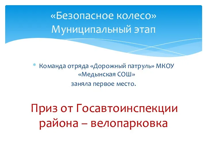 Команда отряда «Дорожный патруль» МКОУ «Медынская СОШ» заняла первое место. Приз от